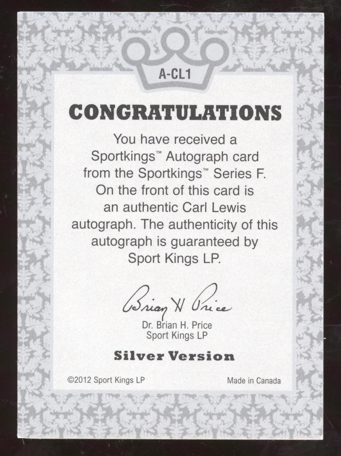 2012 SportKings Series F Autographs Carl Lewis #A-CL1 Silver Version