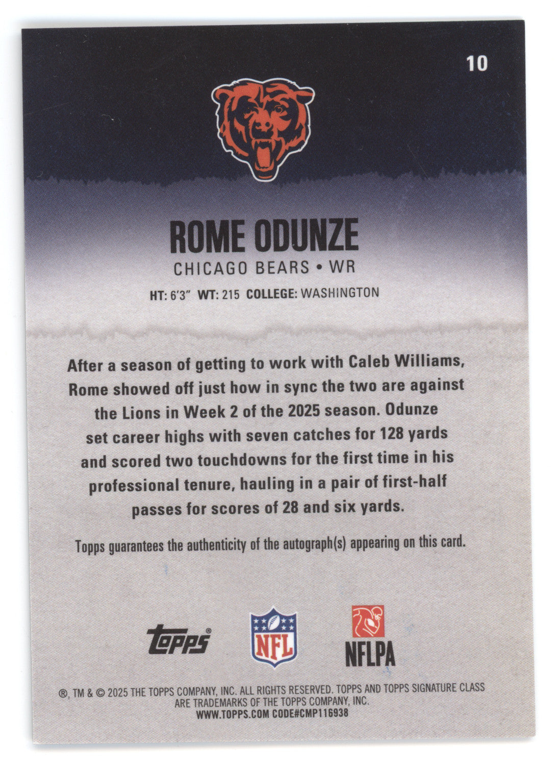 2025 Topps Signature Class Autographs Rome Odunze #10 Orange 23/50