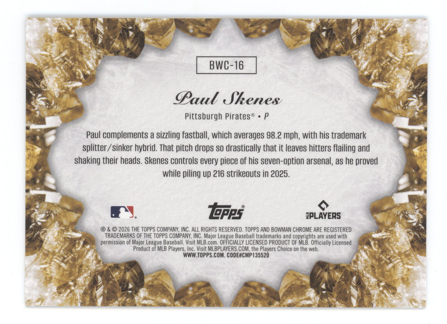 2026 Bowman Chrome Crystallized Paul Skenes #BWC-16 Gold Refractor 18/50