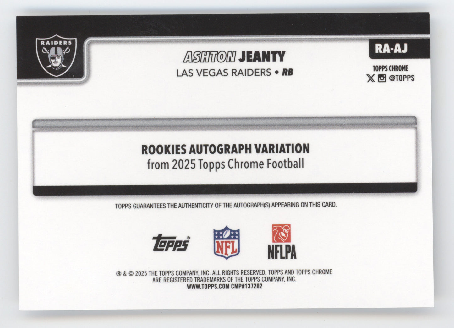 2025 Topps Chrome Ashton Jeanty #RA-AJ Rookie Autograph RC