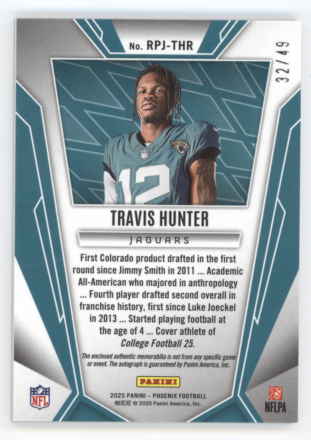 2025 Panini Phoenix Rookie Phenom Autograph Travis Hunter #RPJ-THR Blue 32/49 RC