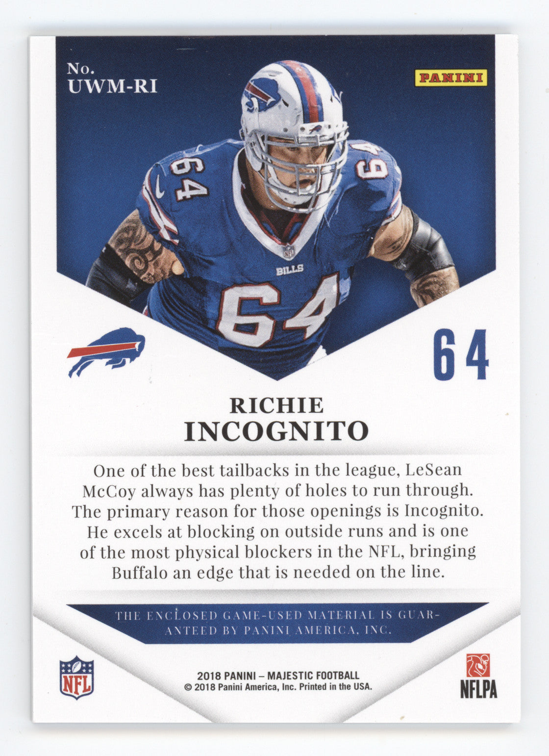 2018 Panini Majestic Unsung Warriors Richie Incognito Game-Used Material 19/25