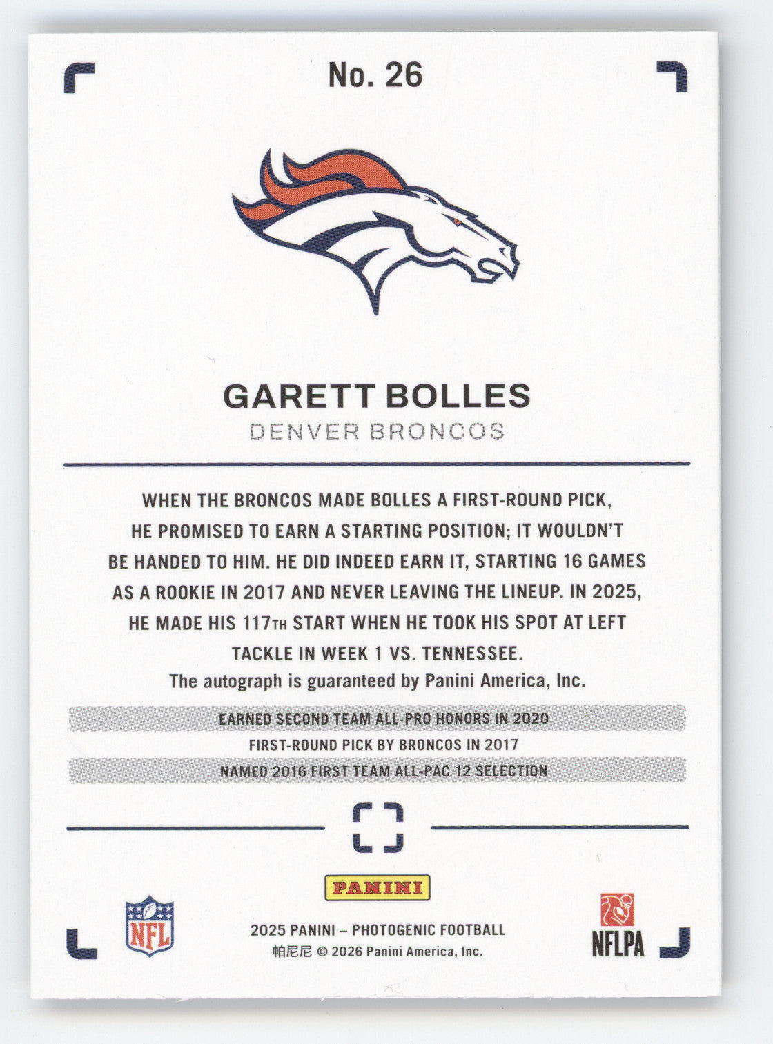 2026 Panini Photogenic Garett Bolles #26 Autograph