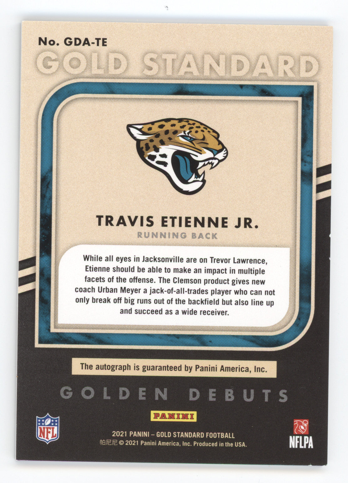 2021 Panini Gold Standard Golden Debuts Travis Etienne Jr. #GDA-TE RC 31/99