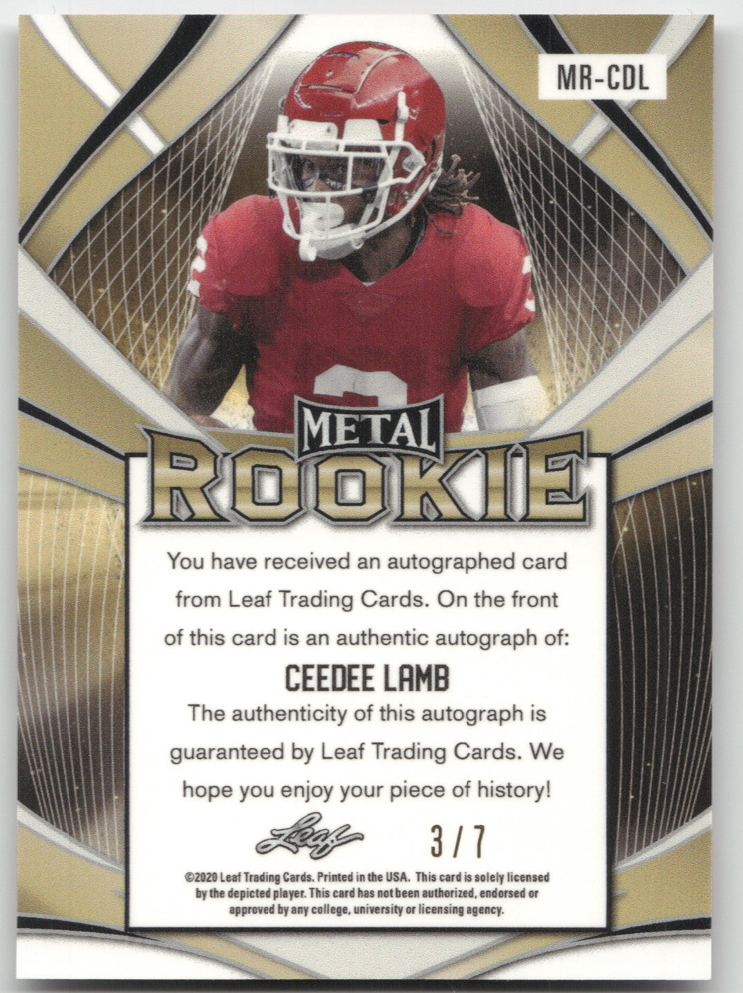 2020 Leaf Metal Draft Autographs CeeDee Lamb #MR-CDL Pink Crystal 3/7