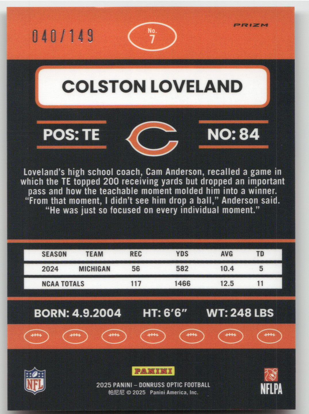 2025 Donruss Optic Retro Colston Loveland #7 Black Pandora 040/149 RC
