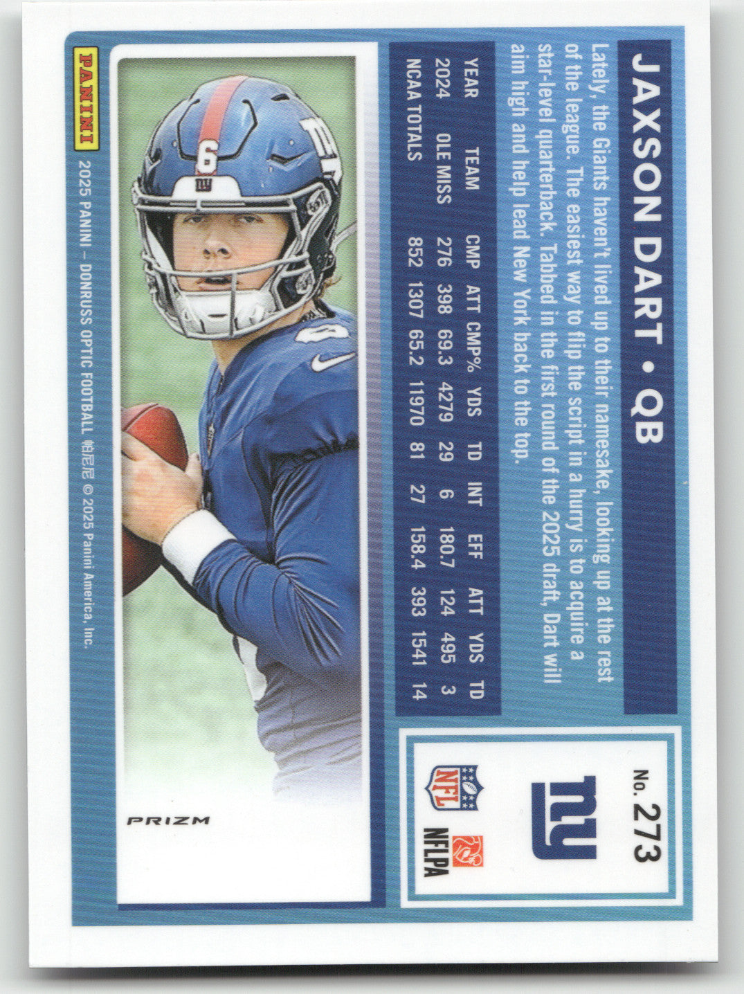 2025 Donruss Optic Rated Rookie Jaxson Dart #273 Holo