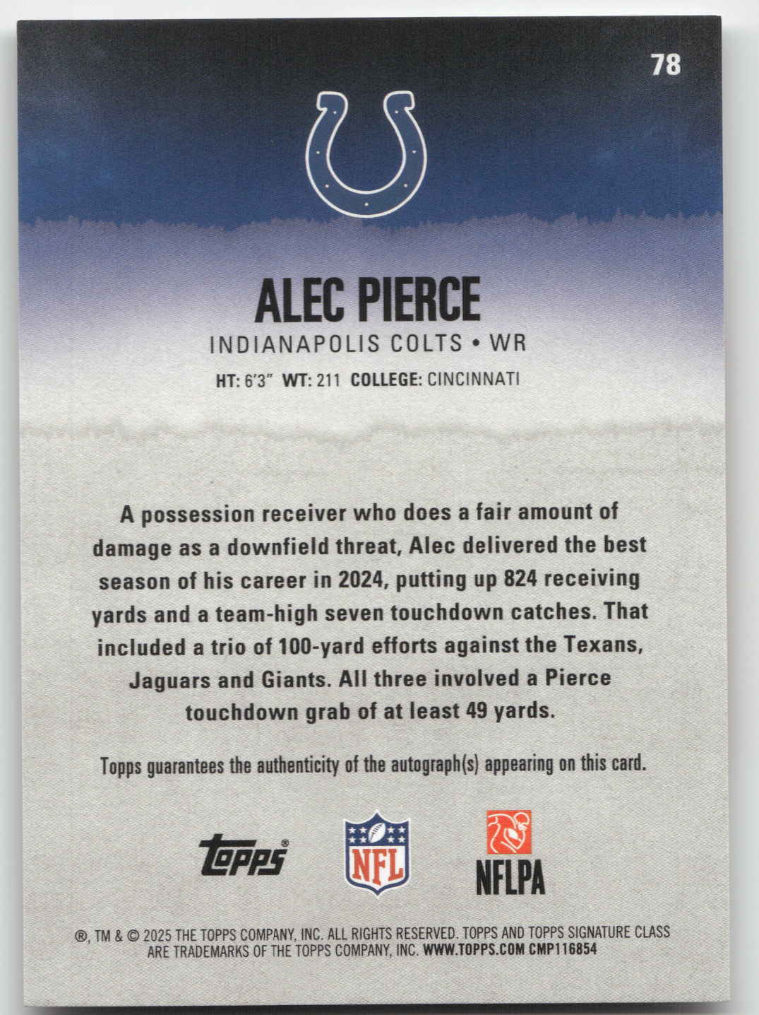 2025 Topps Signature Class Alec Pierce #78 Veteran Autograph - Red 07/25