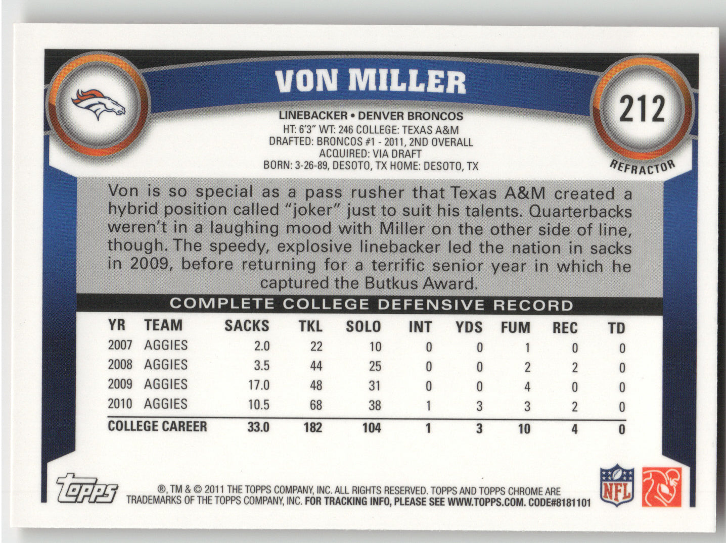 2011 Topps Chrome Von Miller #212 Orange Refractor RC