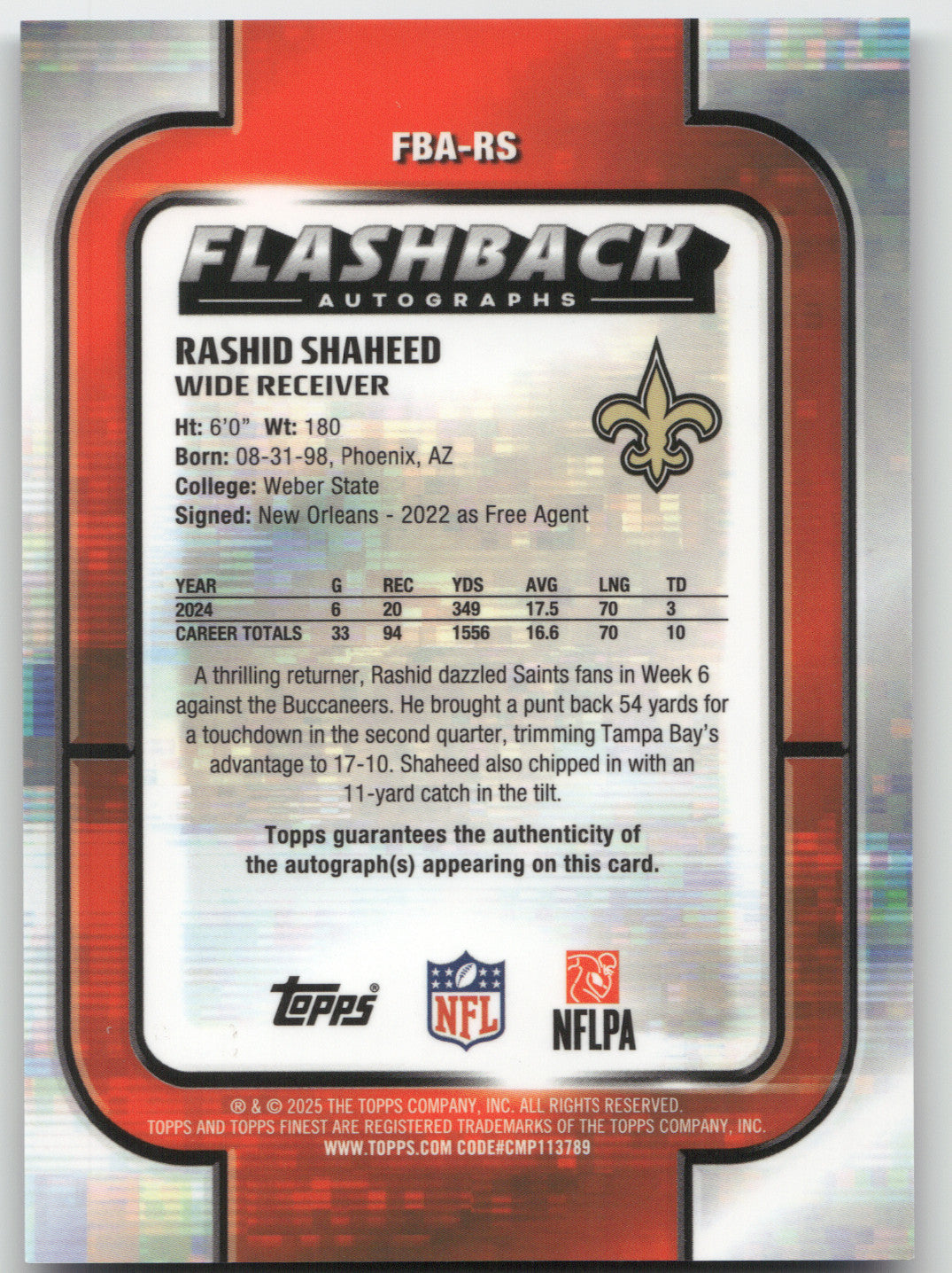 2025 Topps Finest Flashback Autographs Rashid Shaheed #FBA-RS Blue 88/99
