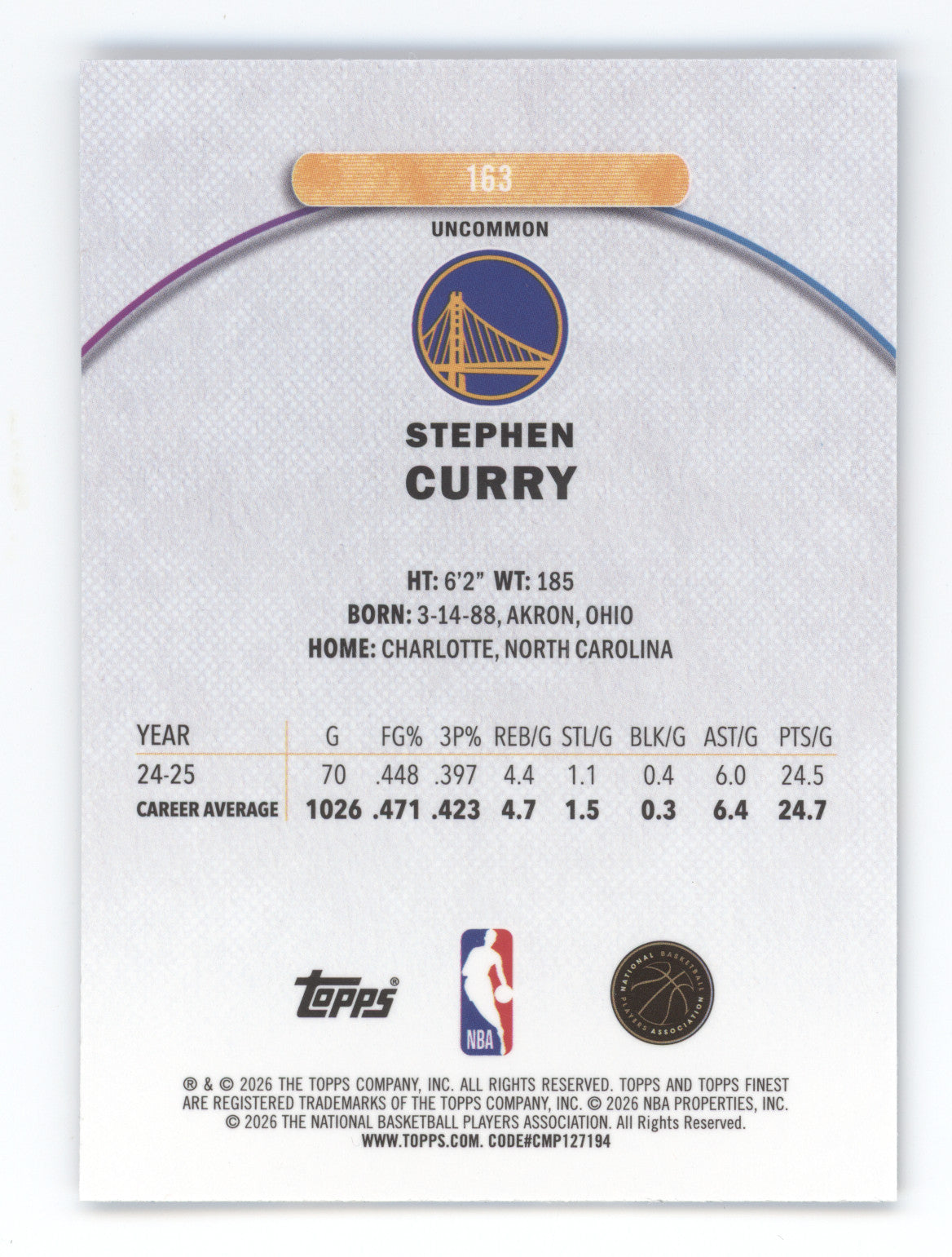 2025 Topps Finest Stephen Curry #163 Blue X-Fractor 20/75