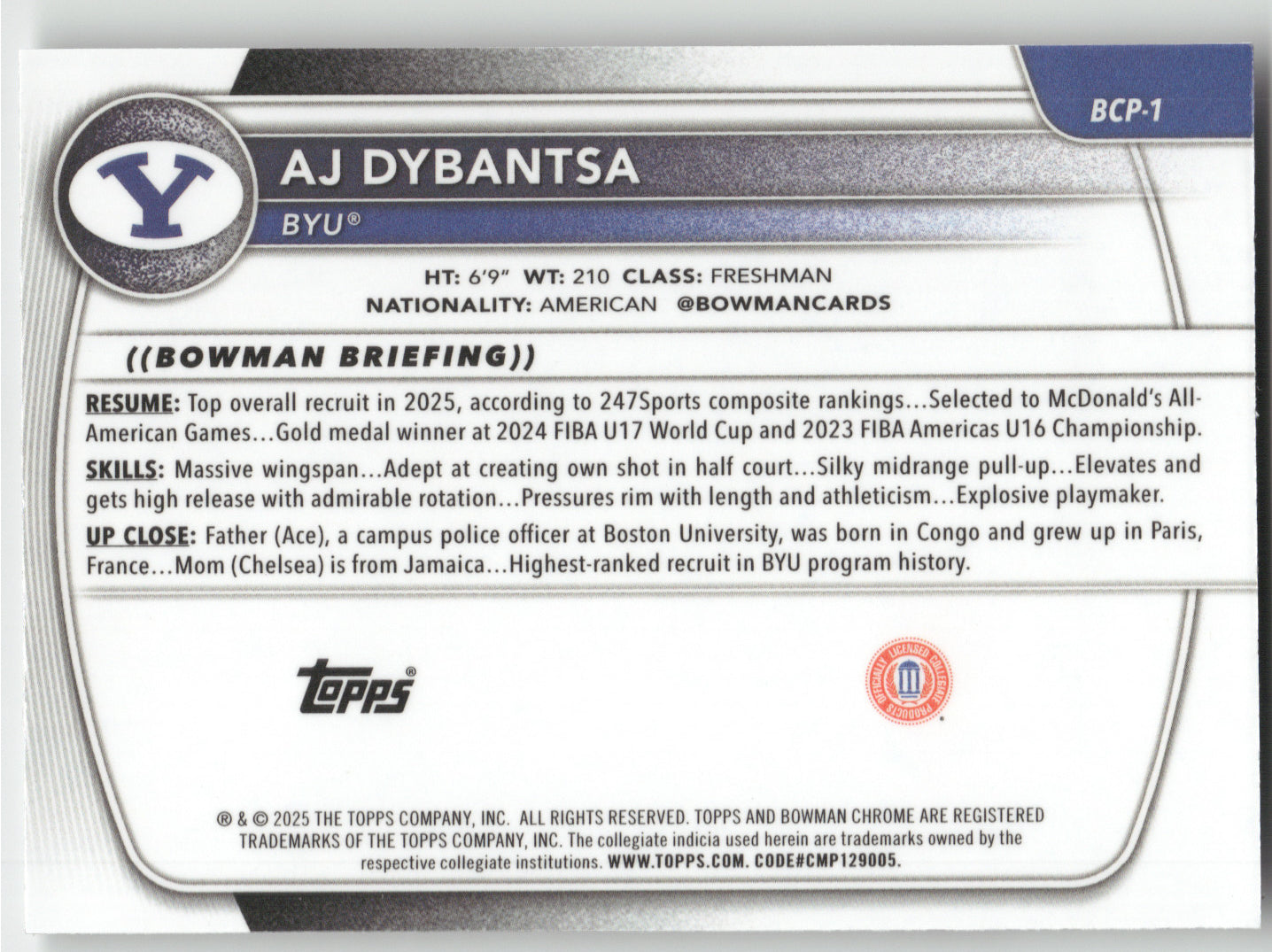 2025 Bowman Chrome University AJ Dybantsa #BCP-1 Speckle Refractor 010/299