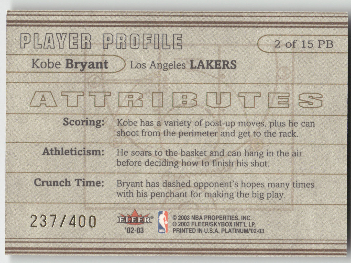 2002 Fleer Platinum Inside the Playbook Kobe Bryant #2 of 15 PB 237/400