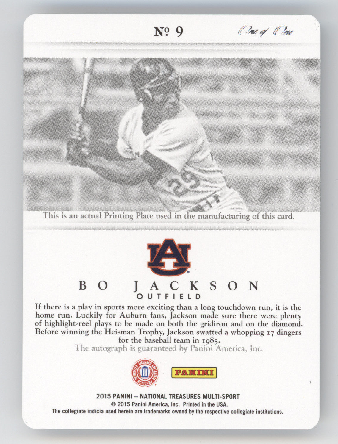 2015 Panini National Treasures Multi-Sport Bo Jackson #9 Printing Plate 1 of 1