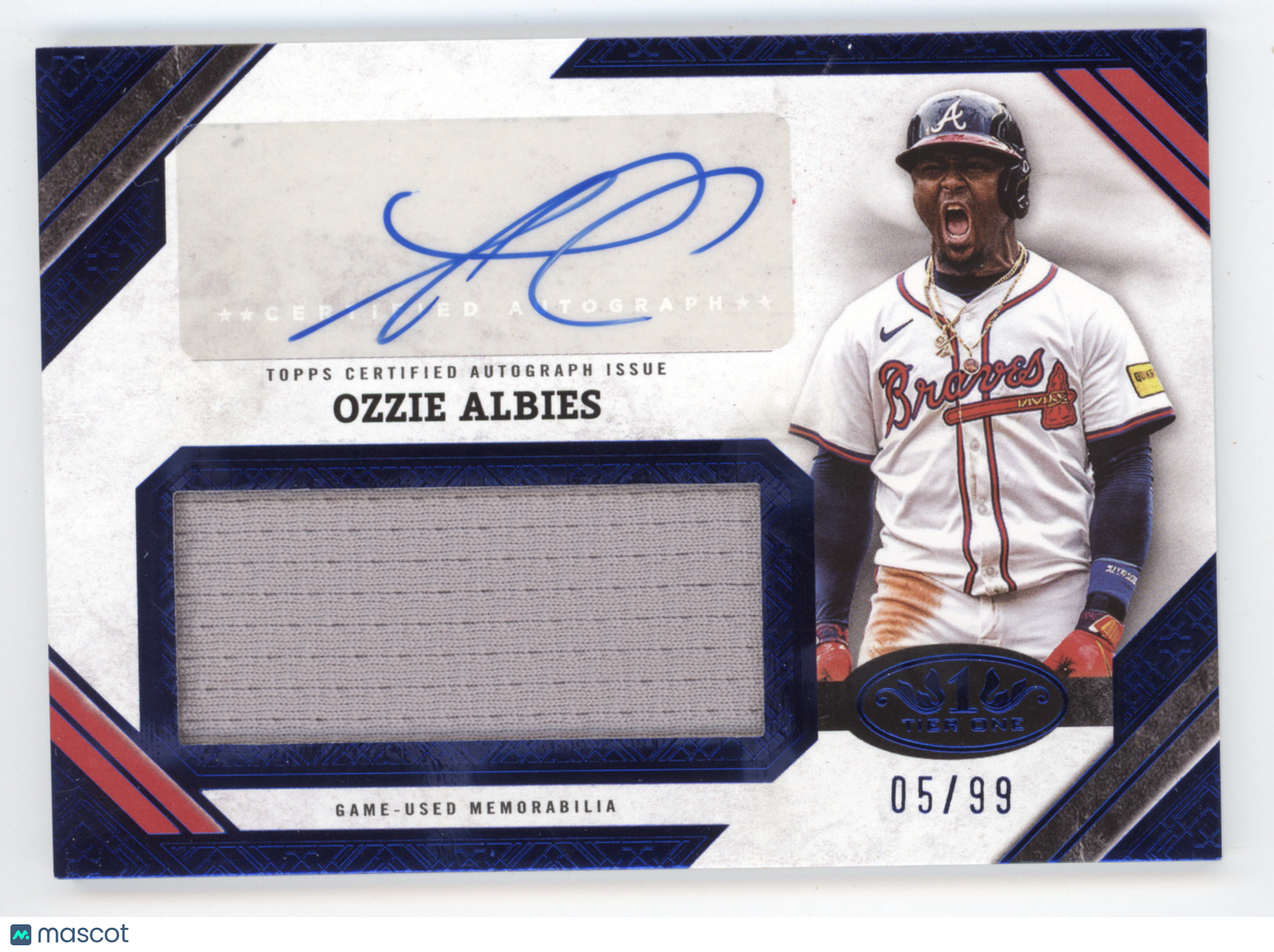 2025 Topps Tier One Ozzie Albies #AJR-OA Blue Autographed Jumbo Relic Card 05/99
