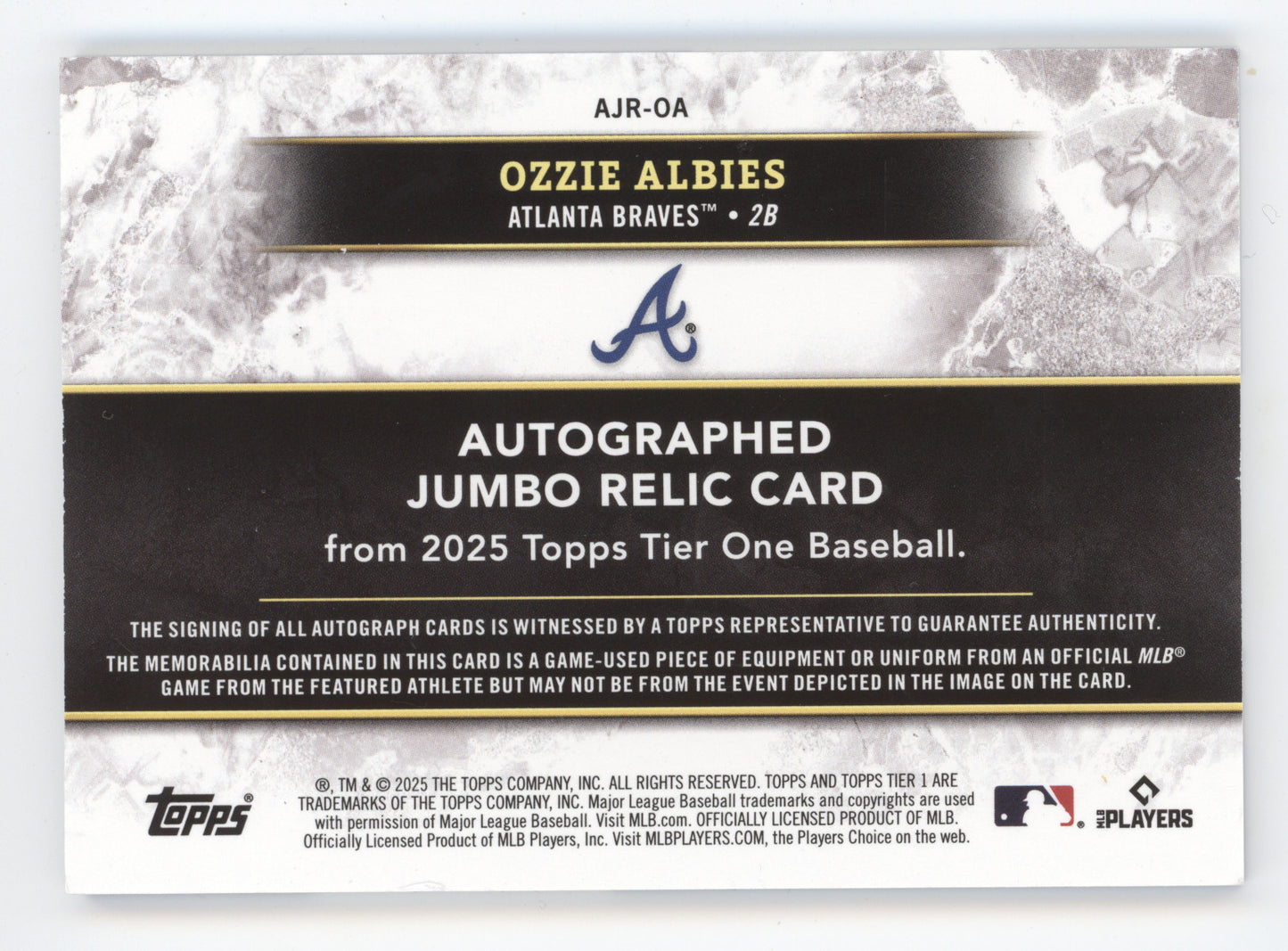 2025 Topps Tier One Ozzie Albies #AJR-OA Blue Autographed Jumbo Relic Card 05/99
