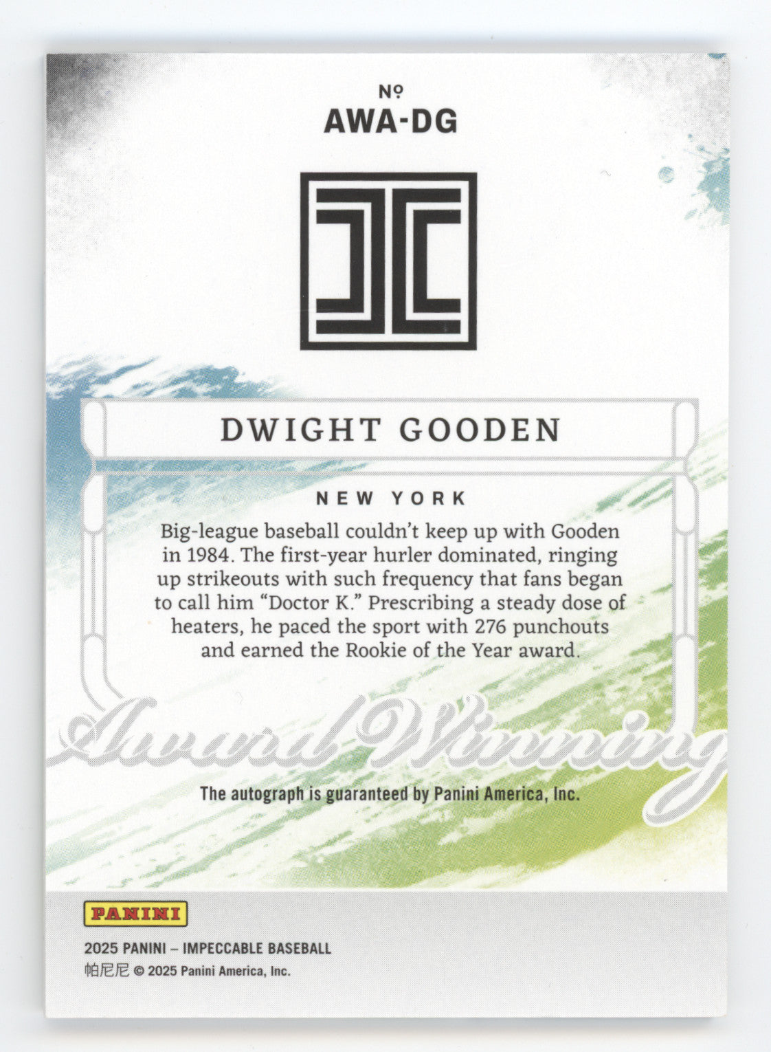 2025 Panini Impeccable Baseball Award Winning Dwight Gooden #AWA-DG 04/35