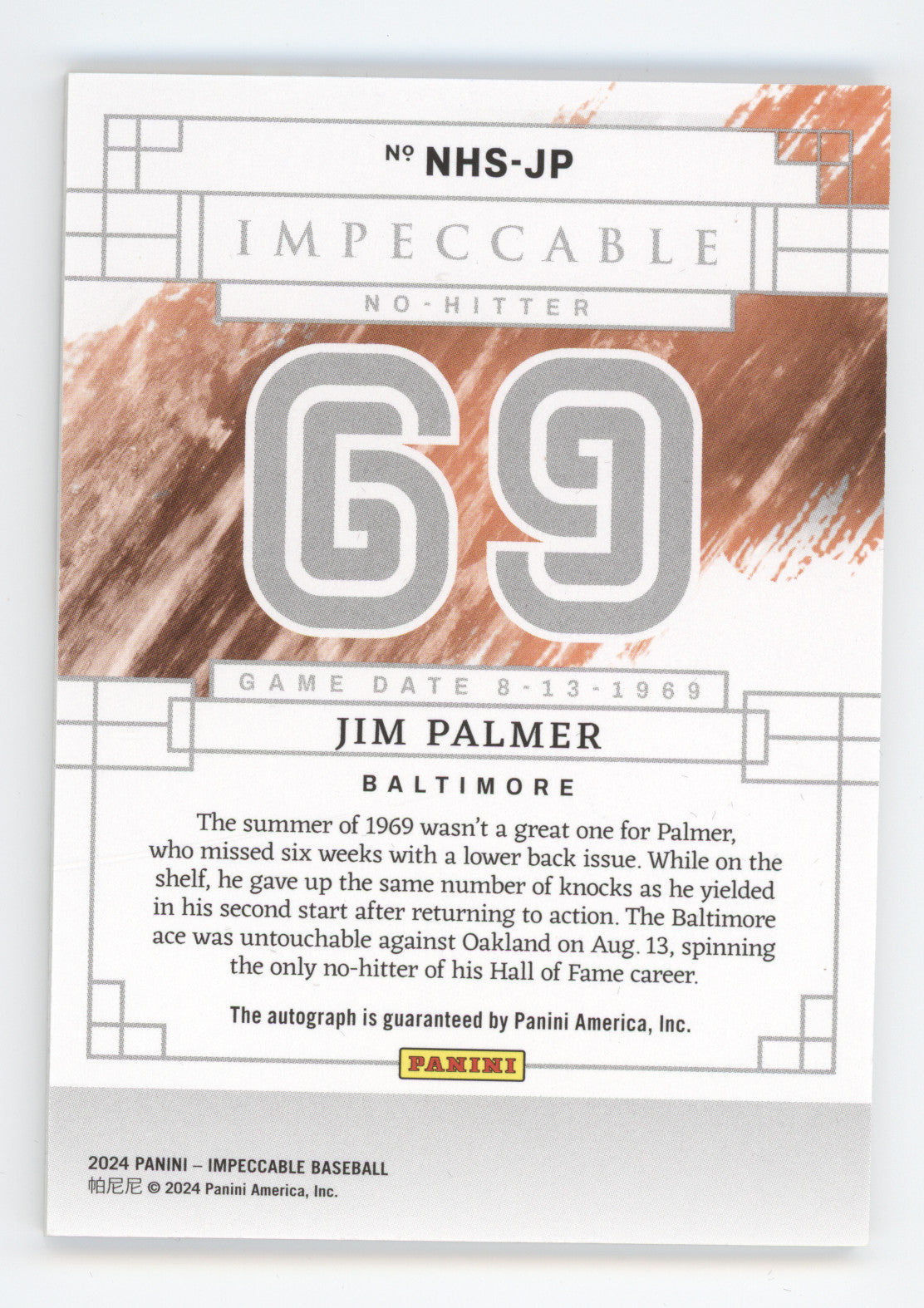 2024 Panini Impeccable Baseball Jim Palmer #NHS-JP No-Hitter Signatures 56/69