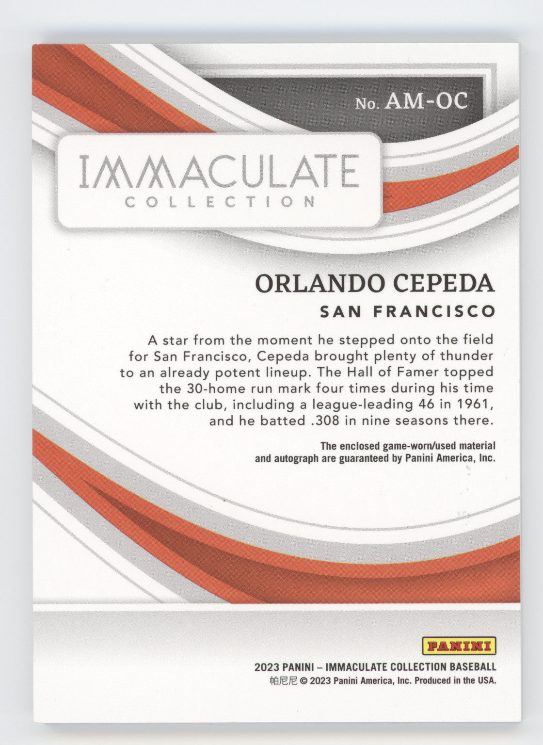 2023 Panini Immaculate Collection Orlando Cepeda #AM-OC 13/30 Game-worn/Auto