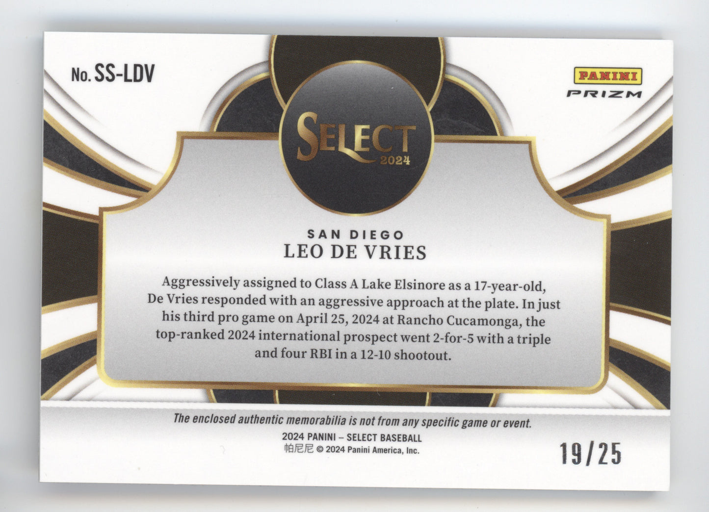 2024 Panini Select Prizm Leo De Vries #SS-LDV Tie-Dye Selective Swatches 19/25