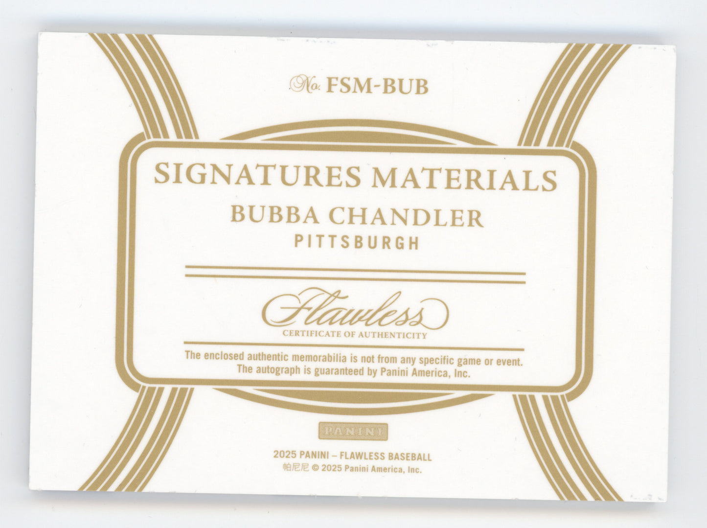 2025 Panini Flawless Signatures Materials Bubba Chandler #FSM-BUB 06/15