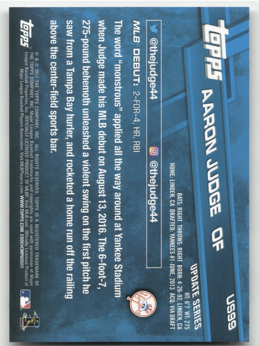 2017 Topps Update Series Aaron Judge #US99 RC