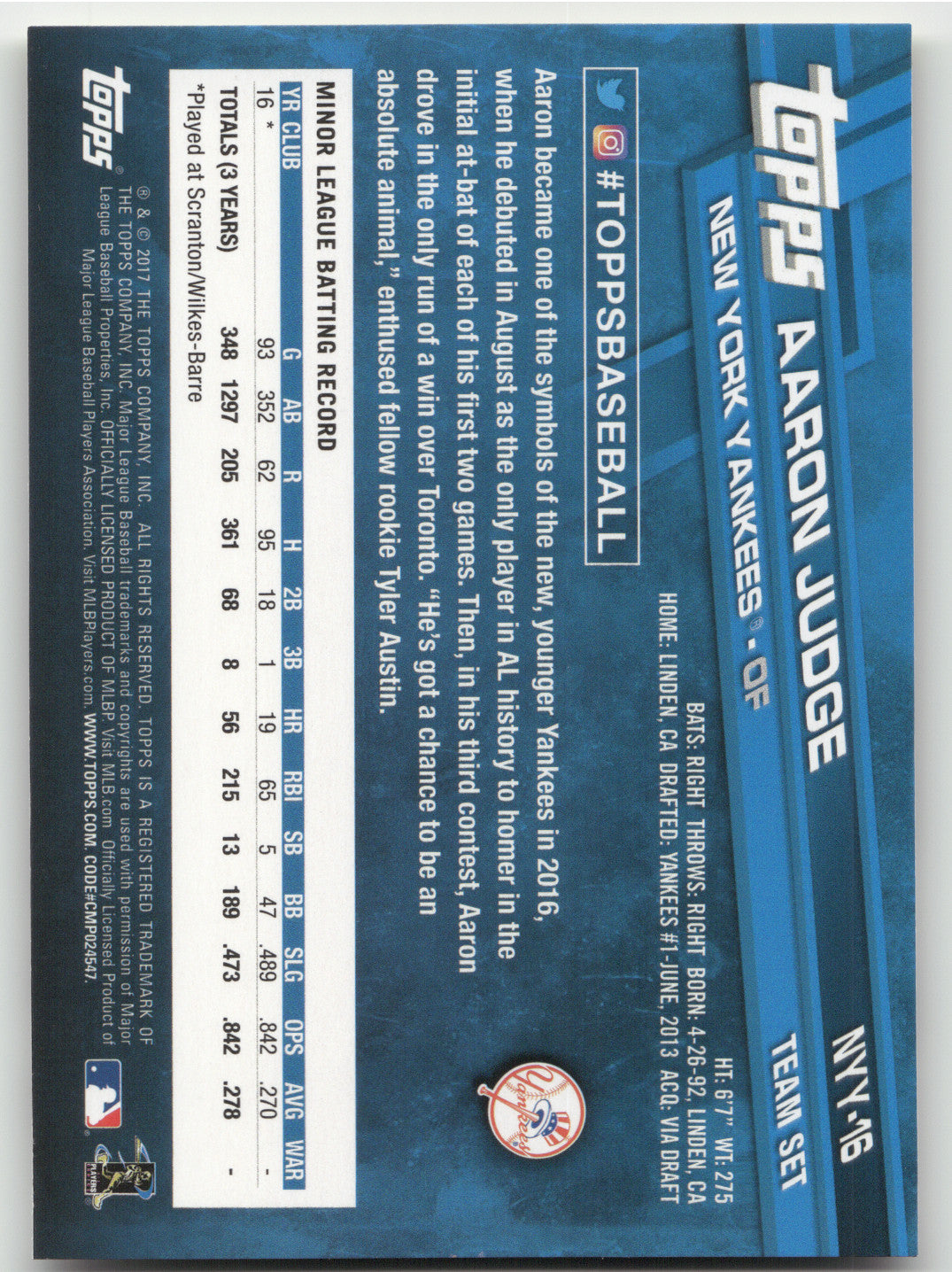 2017 Topps Team Set Aaron Judge #NYY-16 RC