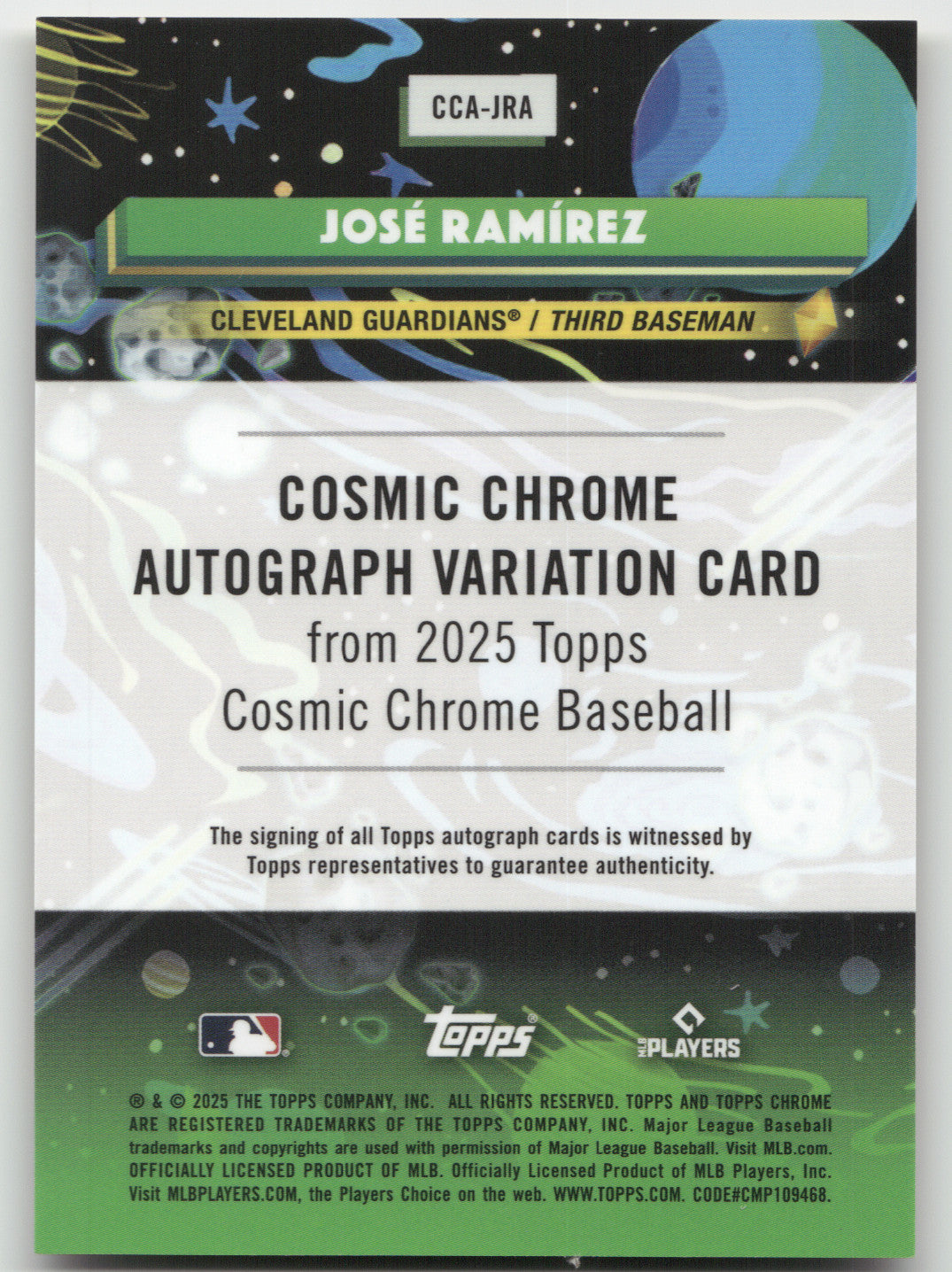 2025 Topps Cosmic Chrome José Ramírez Gold Interstellar Refractor Auto 04/50