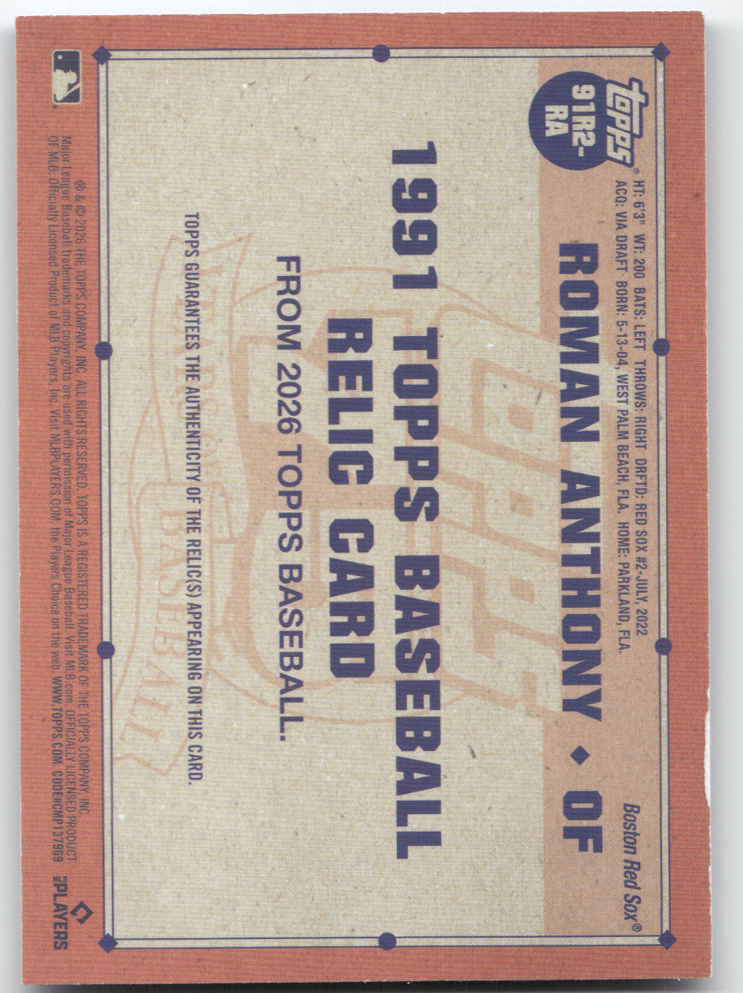 2026 Topps 1991 Topps Baseball Relic Card Roman Anthony Blue Border 057/150 RC