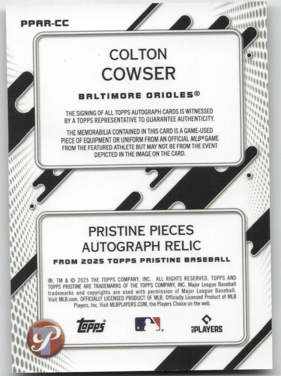 2025 Topps Pristine Colton Cowser #PPAR-CC Game-Used Memorabilia Autograph Relic