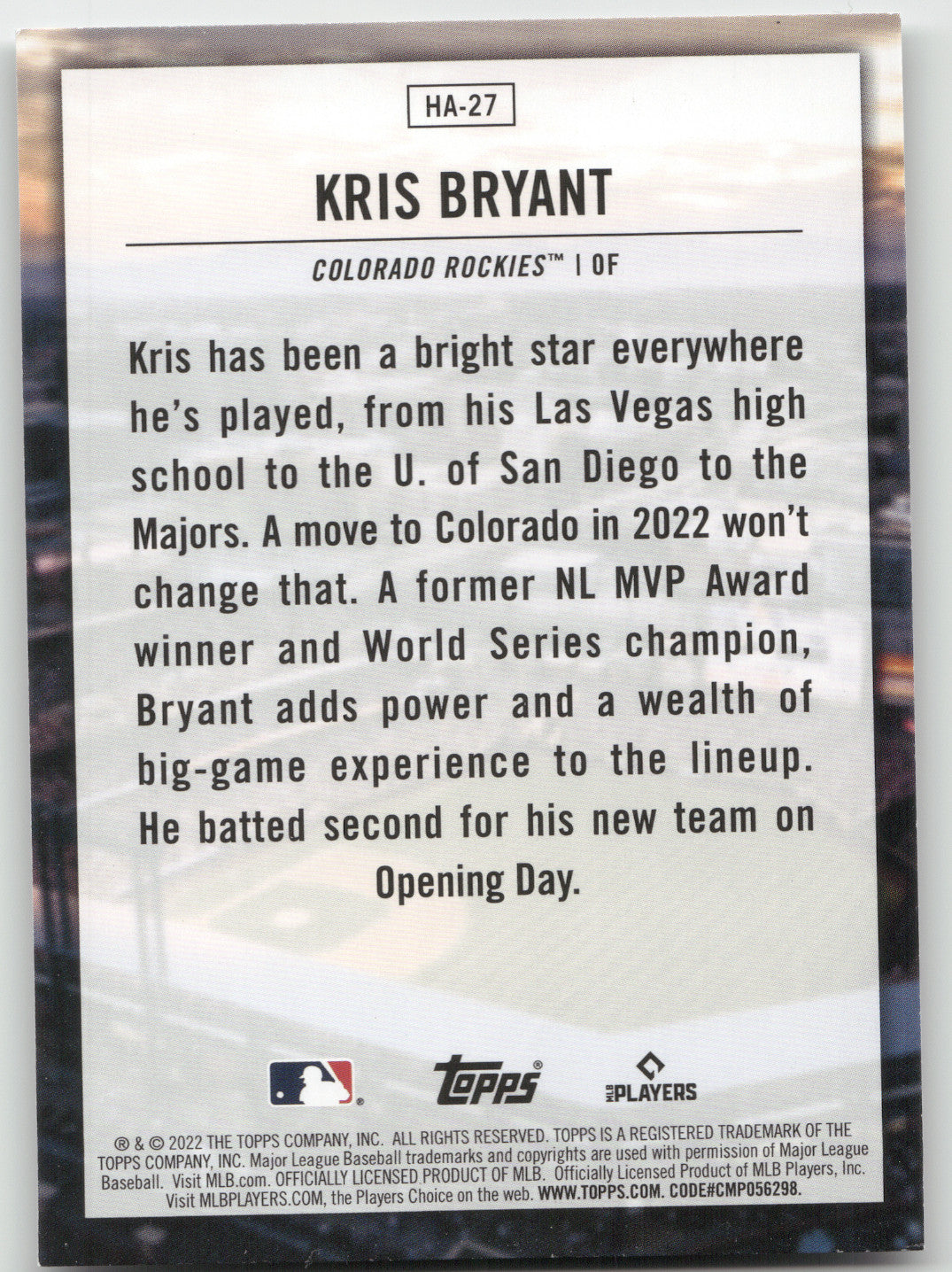 2022 Topps Home Field Advantage Kris Bryant #HA-27