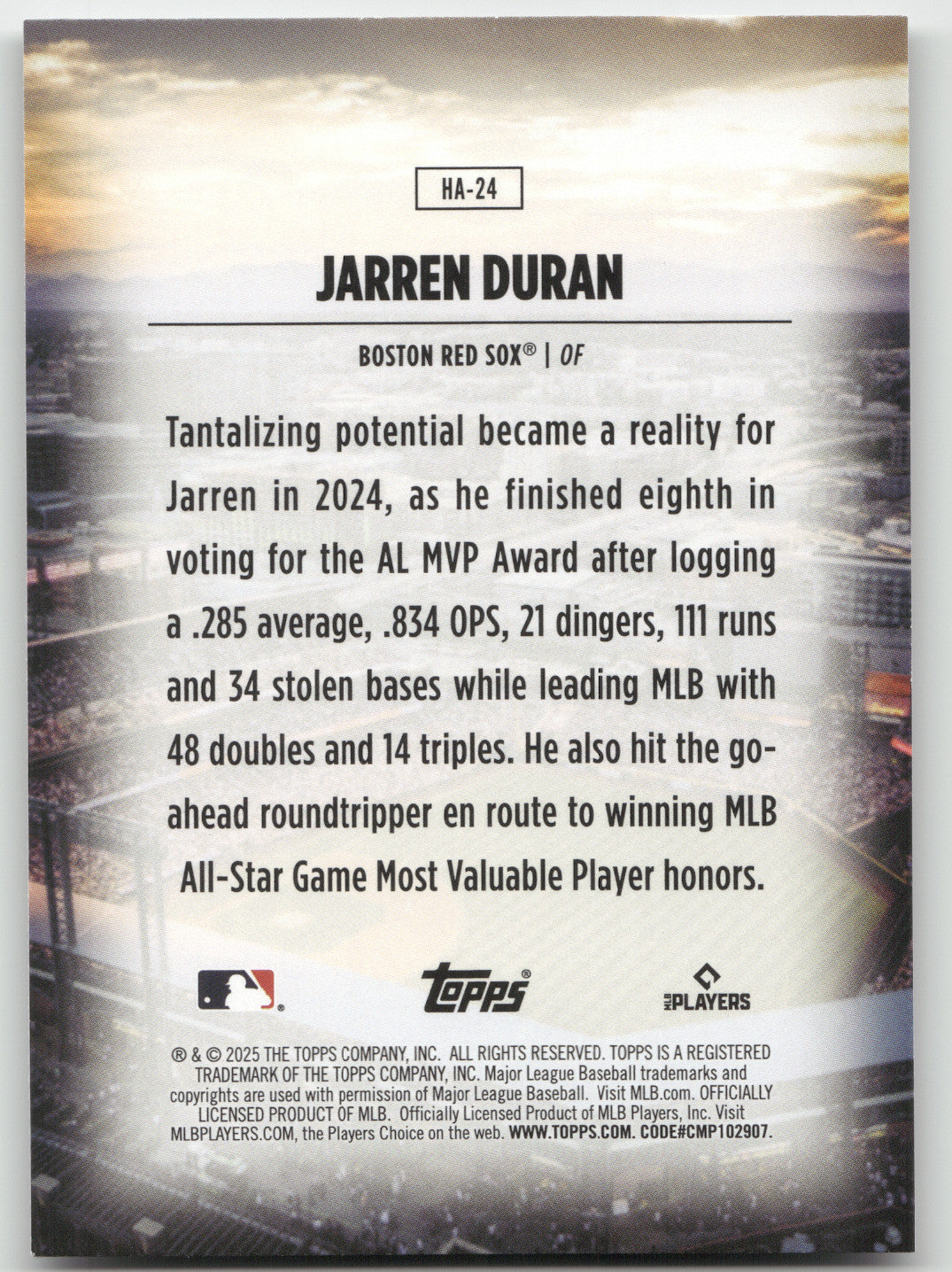 2025 Topps Home Field Advantage Jarren Duran #HA-24