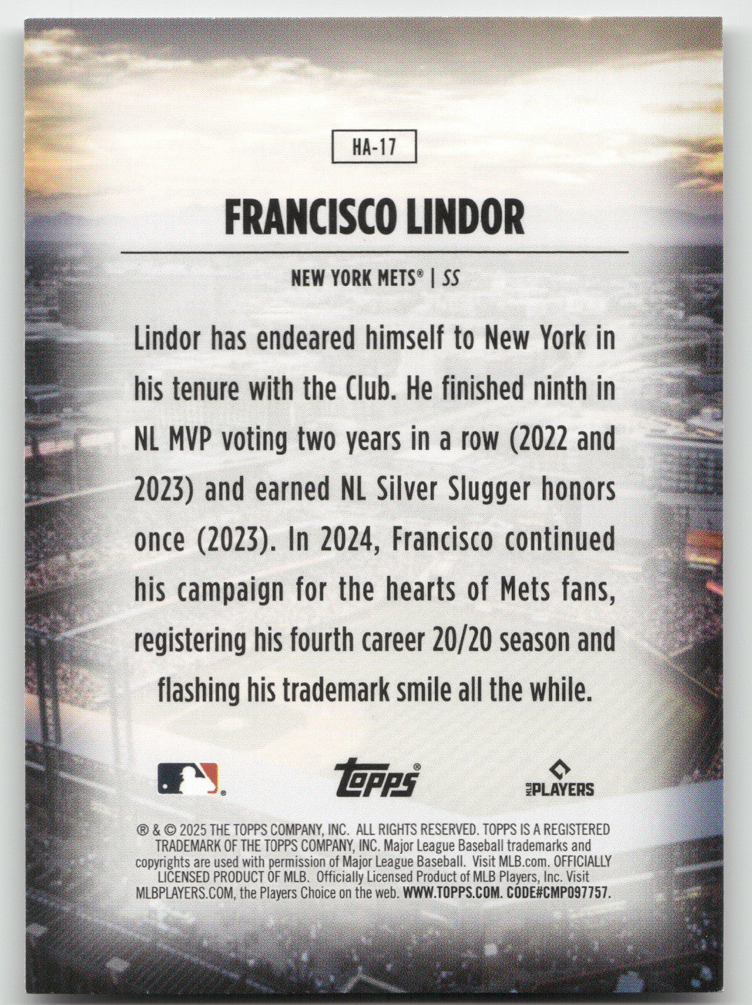 2025 Topps Home Field Advantage Francisco Lindor #HA-17