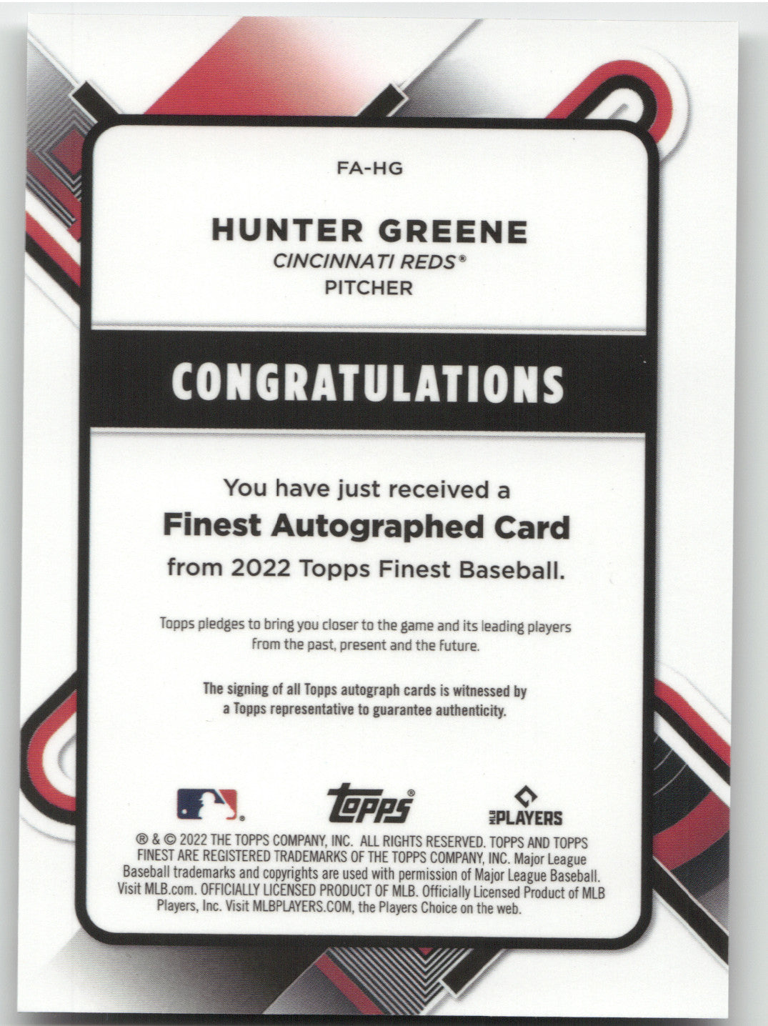 2022 Topps Finest Hunter Greene Refractor Auto #FA-HG RC