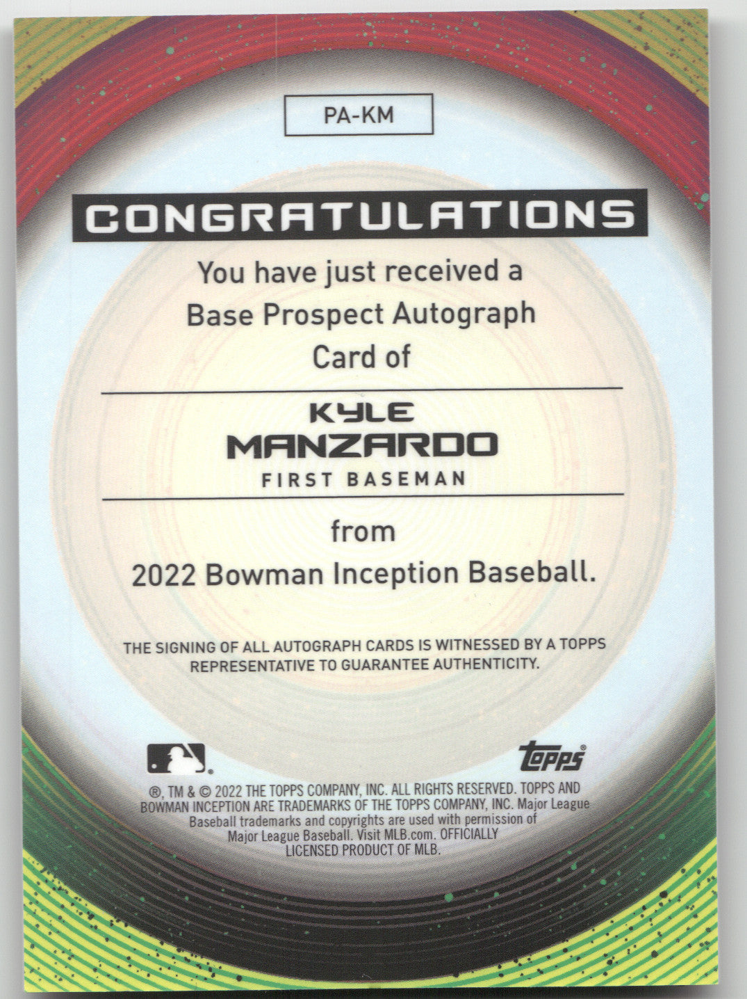 2022 Bowman Inception Kyle Manzardo #PA-KM Auto 27/75
