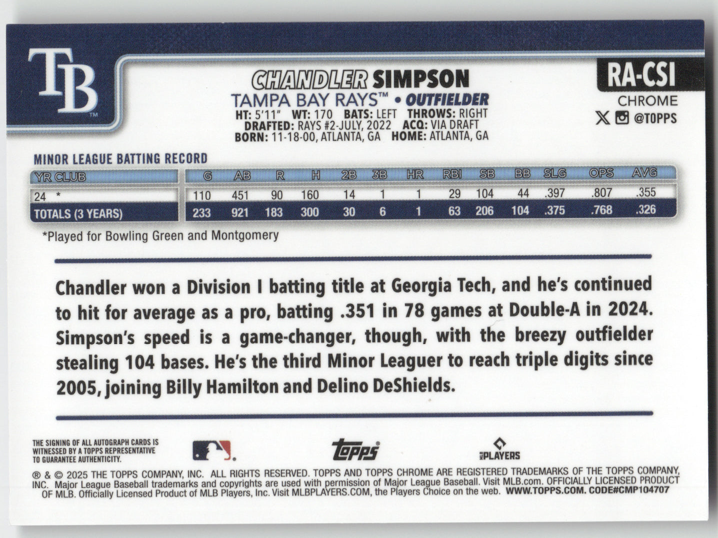 2025 Topps Chrome Chandler Simpson #RA-CSI Purple Speckle 223/299 RC