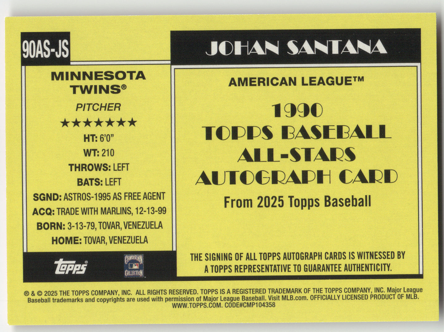2025 Topps Baseball All-Stars Autograph Card Johan Santana #90AS-JS 16/50