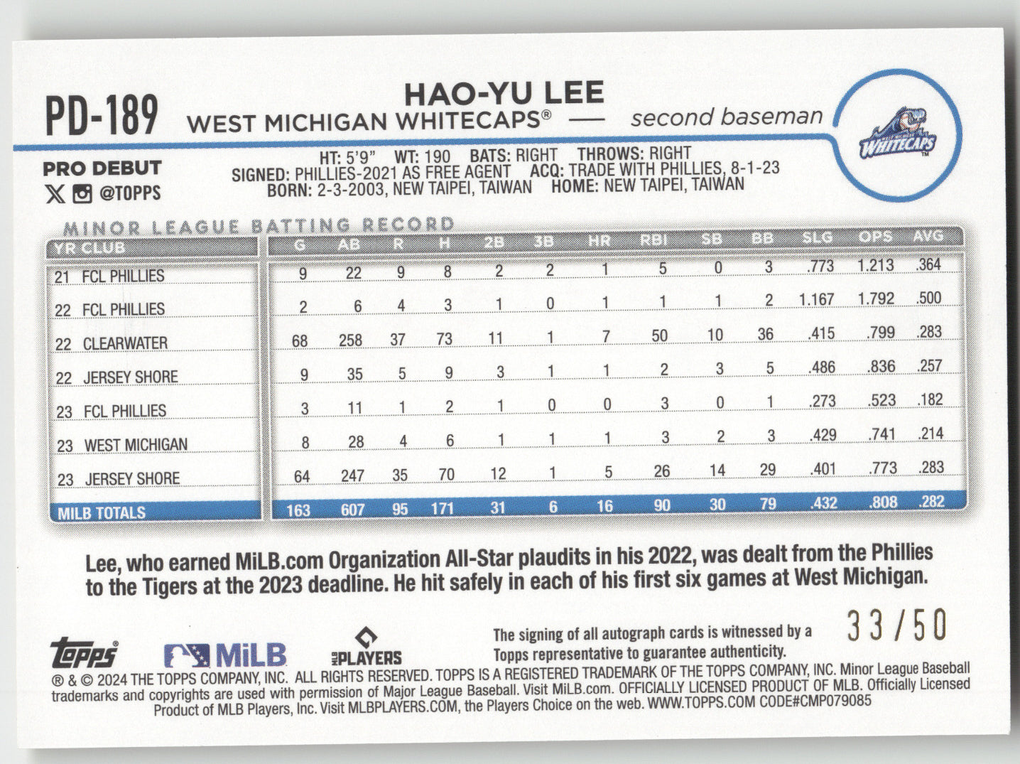 2024 Topps Pro Debut Hao-Yu Lee #PD-189 Gold 33/50 Topps Certified Autograph