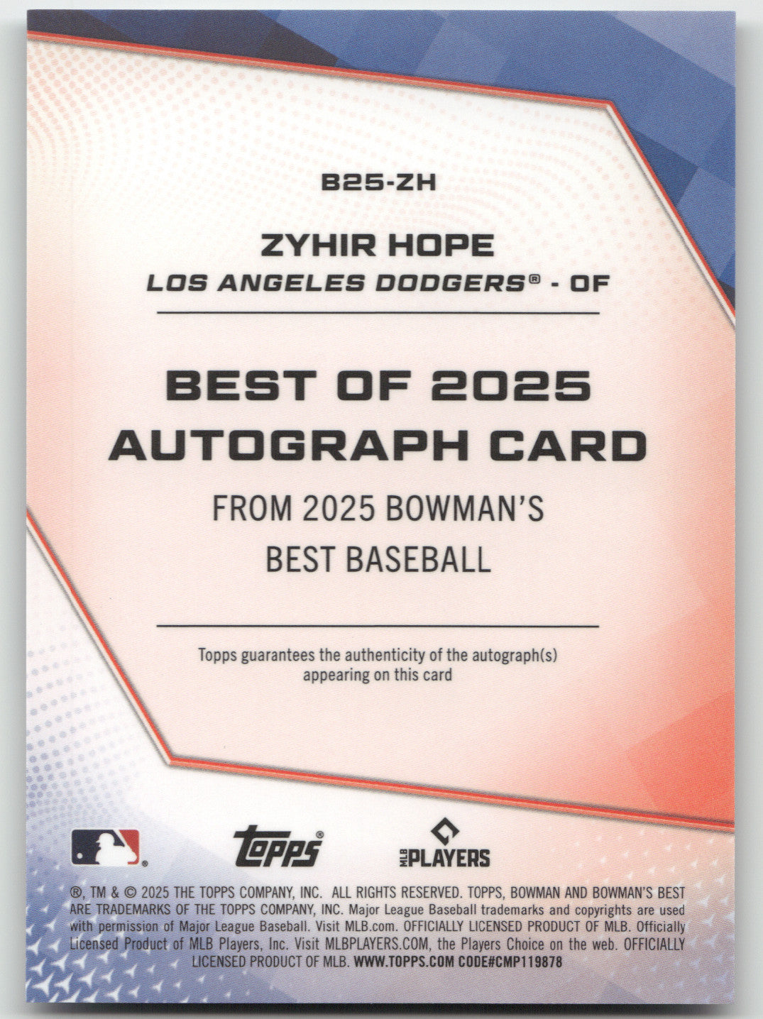 2025 Bowman's Best Zyhir Hope #B25-ZH Blue Refractor 092/150