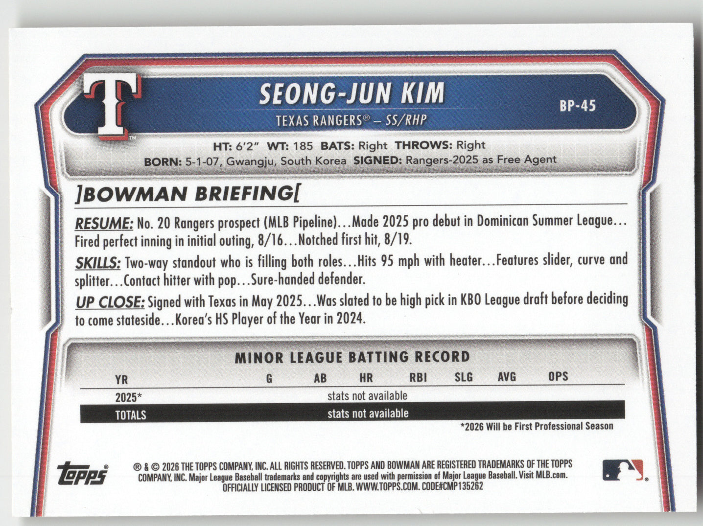 2026 Bowman Seong-Jun Kim #BP-45 Gold Paper 02/50