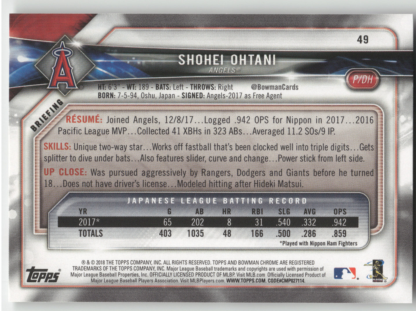 2018 Bowman Shohei Ohtani #49 RC