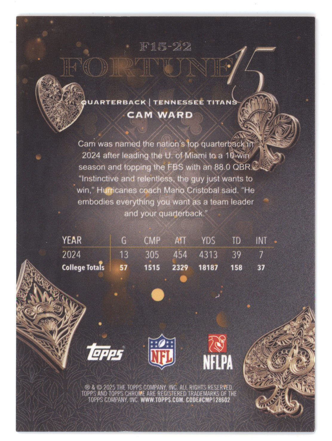 2025 Topps Chrome Fortune 15 Cam Ward #F15-22 Red Refractor RC 5/5