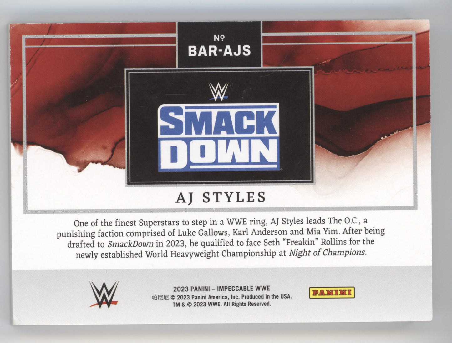 2023 Panini Impeccable AJ Styles #BARAJS 1 Troy Ounce .999 Fine Silver Bar 17/35