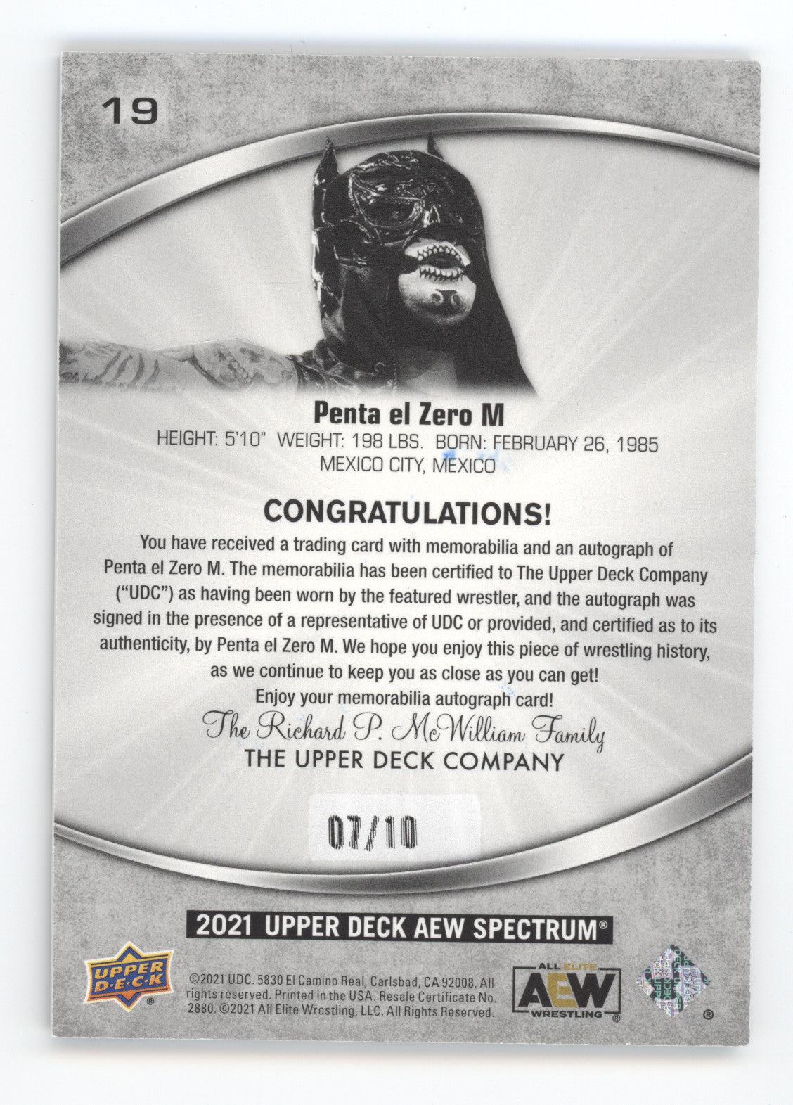 2021 Upper Deck AEW Spectrum Autograph Penta El Zero M #19 07/10 Patch