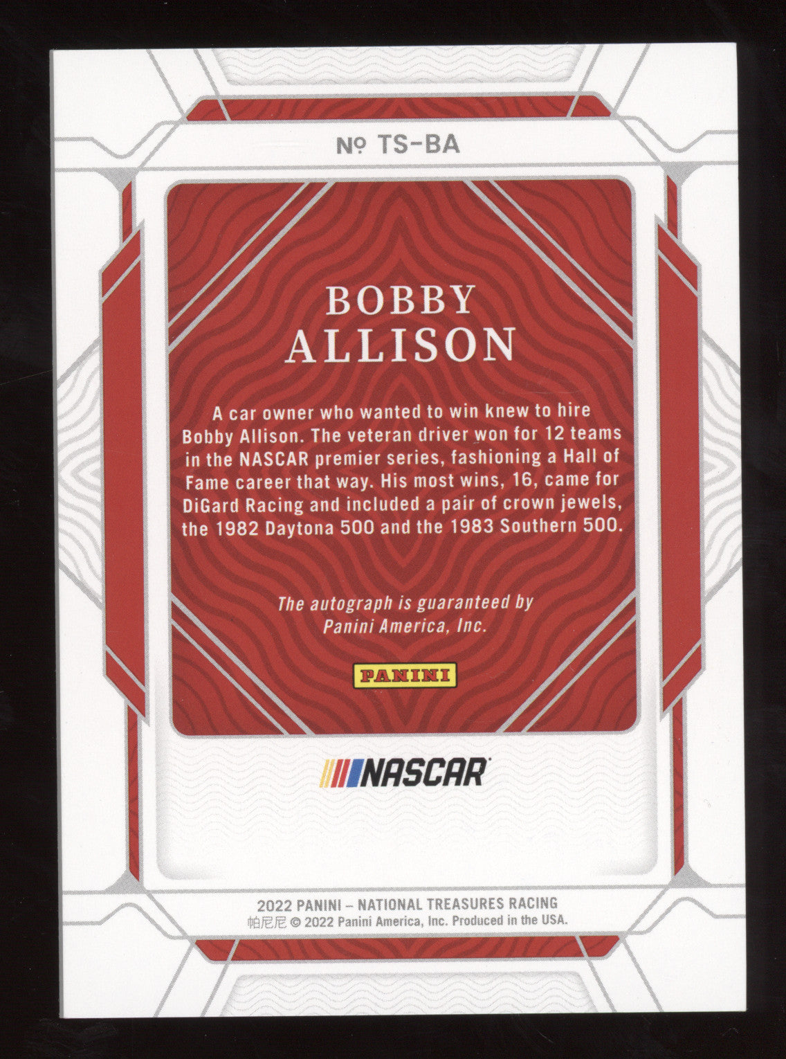 2022 Panini National Treasures Racing Trackside Signatures Bobby Allison 13/25