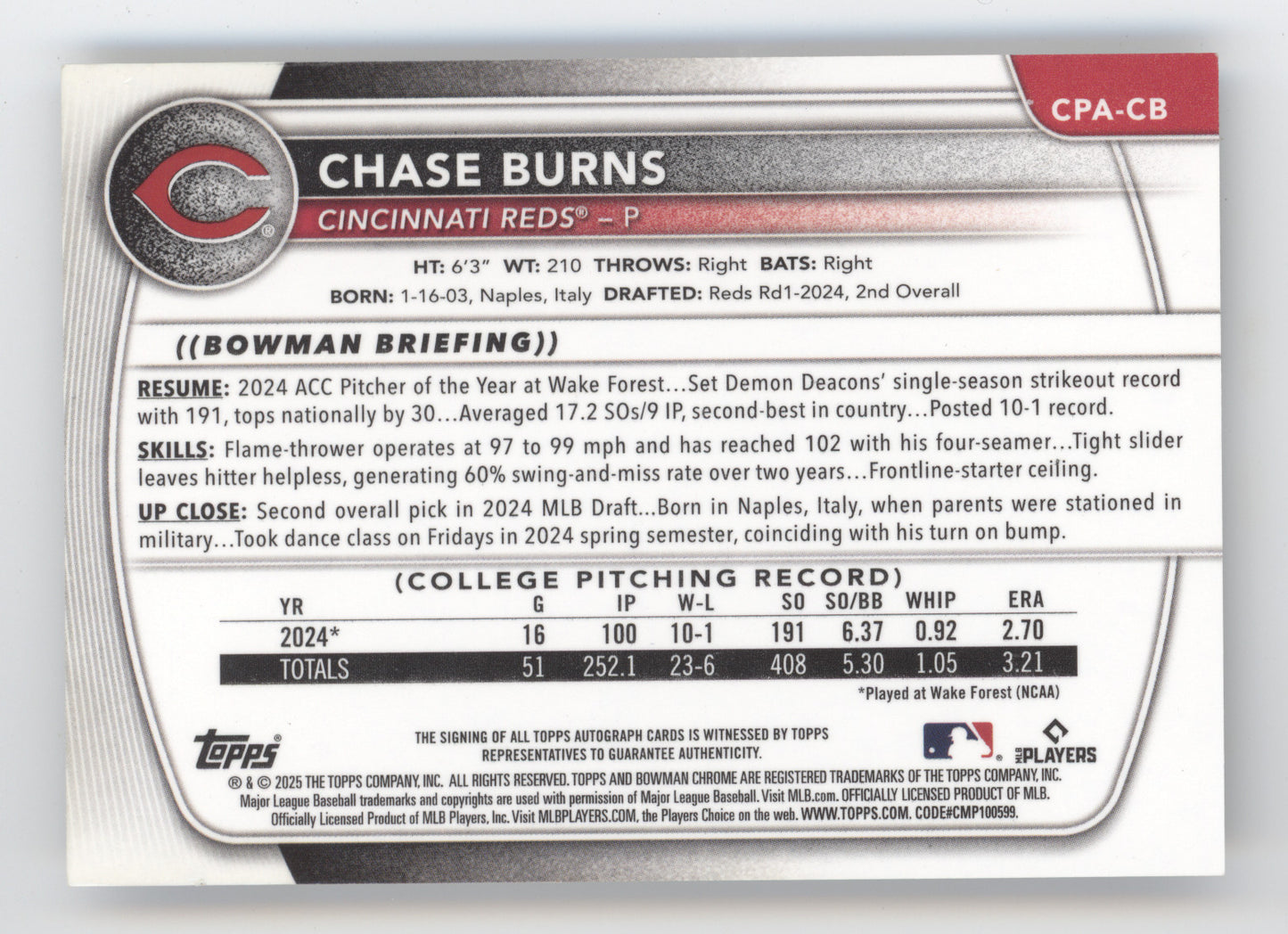 2025 Bowman Chrome Prospect Autographs Chase Burns #CPA-CB Black X-Fractor 04/10