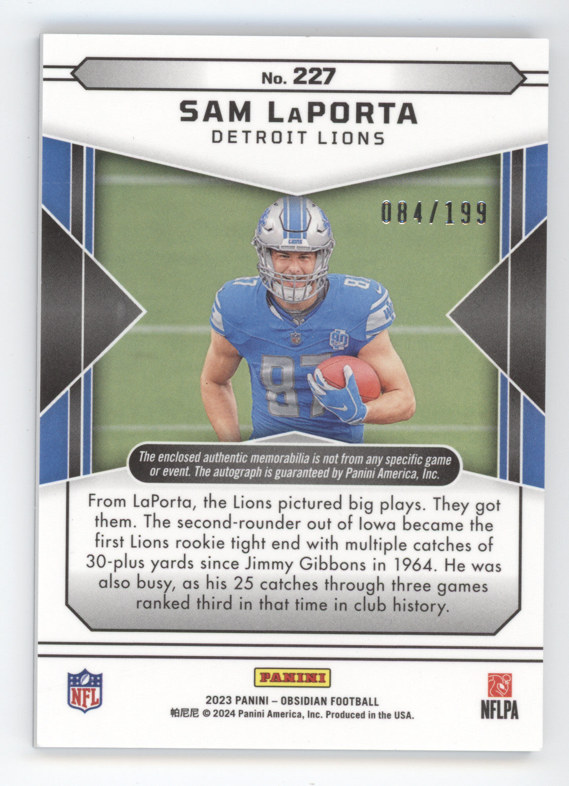 2023 Panini Obsidian Patch Autograph Sam LaPorta #227 RC 084/199