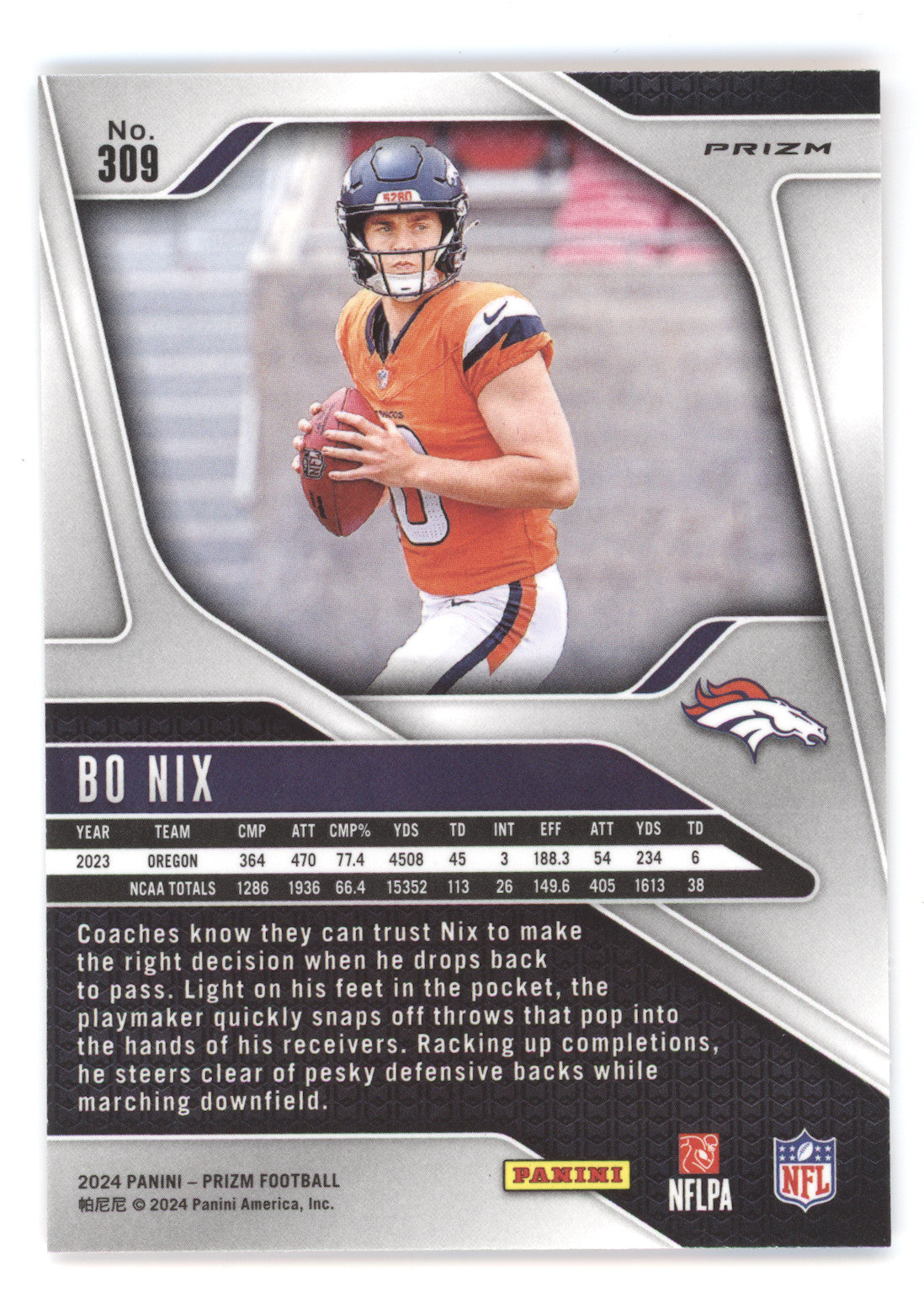 2024 Panini Prizm Football Bo Nix #309 Orange Lazer RC