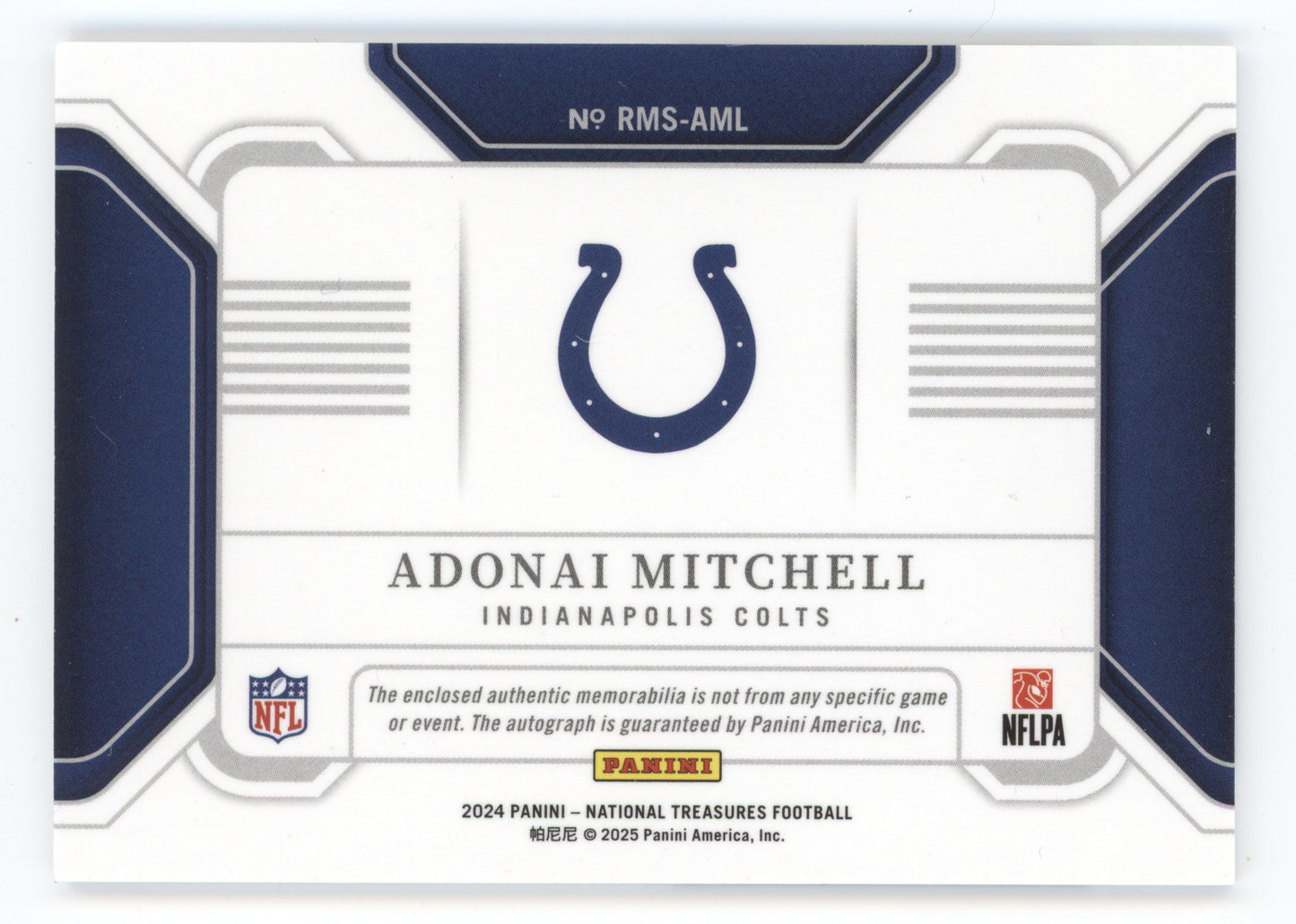 2024 Panini National Treasures Rookie Materials Signatures Adonai Mitchell 14/99
