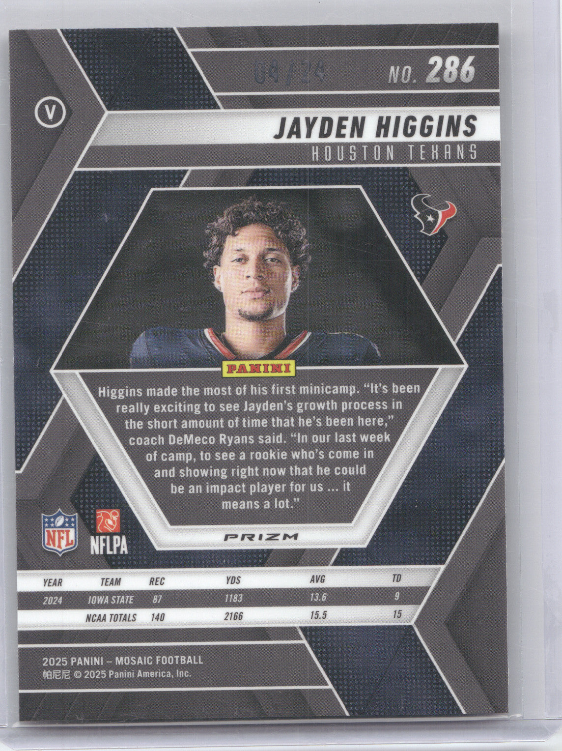 2025 Panini Mosaic Jayden Higgins #286 Gold Sparkle RC 04/24